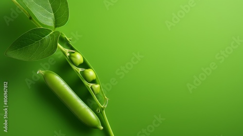 A vibrant green background with a pea pod in focus, surrounded by other pea pods