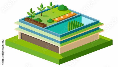 The installation of a green roof system consisting of layers of special materials that will help insulate the building manage stormwater runoff and. Vector illustration © Justlight