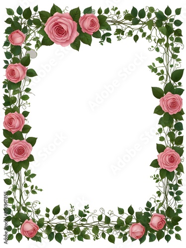 Pink rose frame. Ivy, vines, green leaves, branches. Intricate flawless pen tool cutout. Transparent PNG background. Love concept. Valentines day. Mother's Day. Celebration card design