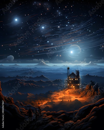 Fantasy landscape with a castle in the middle of the night sky