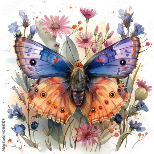 Cute beautiful butterfly, pastel colors, flowers, watercolor illustration