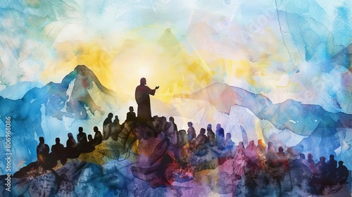 sermon on the mount watercolor silhouette of jesus preaching to crowd from mountaintop photo
