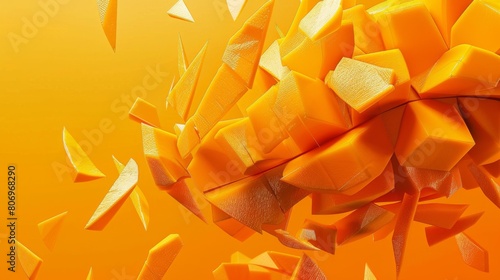 Abstract art poster depicting a mango cut into intricate pieces, levitating against a stark background to highlight the vibrant orange color photo