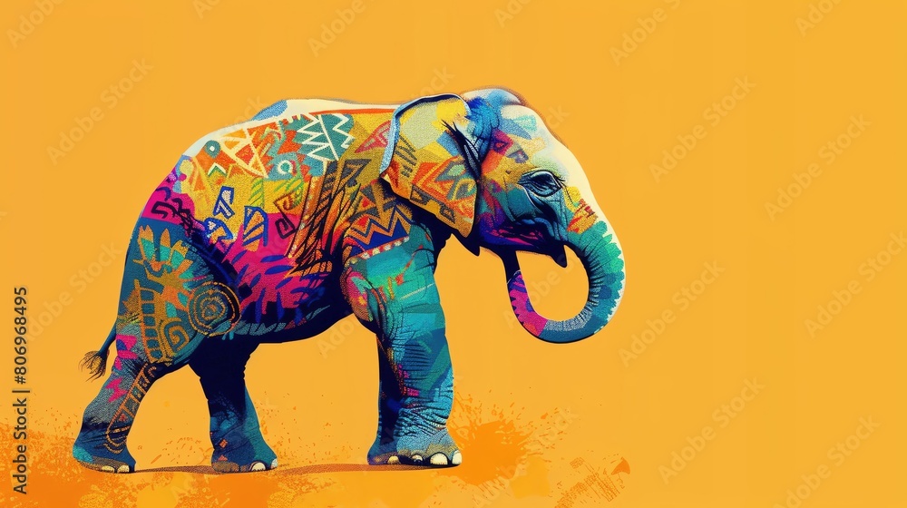 Obraz premium Illustrate a whimsical digital pixel art piece featuring a charming baby elephant with vibrant tribal patterns on its skin, from a unique low angle perspective Use bold colors to make it pop