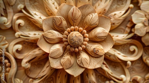 Detailed wooden sculpture featuring an ornate central flower surrounded by swirling patterns in a rustic setting. © sopiangraphics