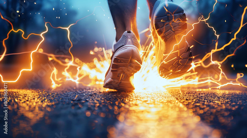 Dynamic close-up of running shoes on pavement with vibrant energy sparks and lighting effects. photo