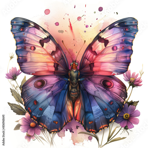 Cute beautiful butterfly, pastel colors, flowers, watercolor illustration