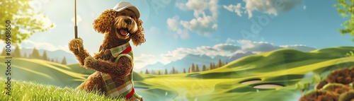 A happy dog wearing a golf hat and plaid jacket is playing golf on a beautiful course. The dog is smiling and looks like he is having a great time. photo