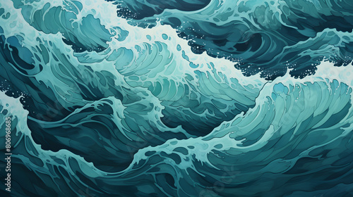 the ocean represented in a canvas full of teal color waves abstract geometric pattern graphics poster background © yonshan