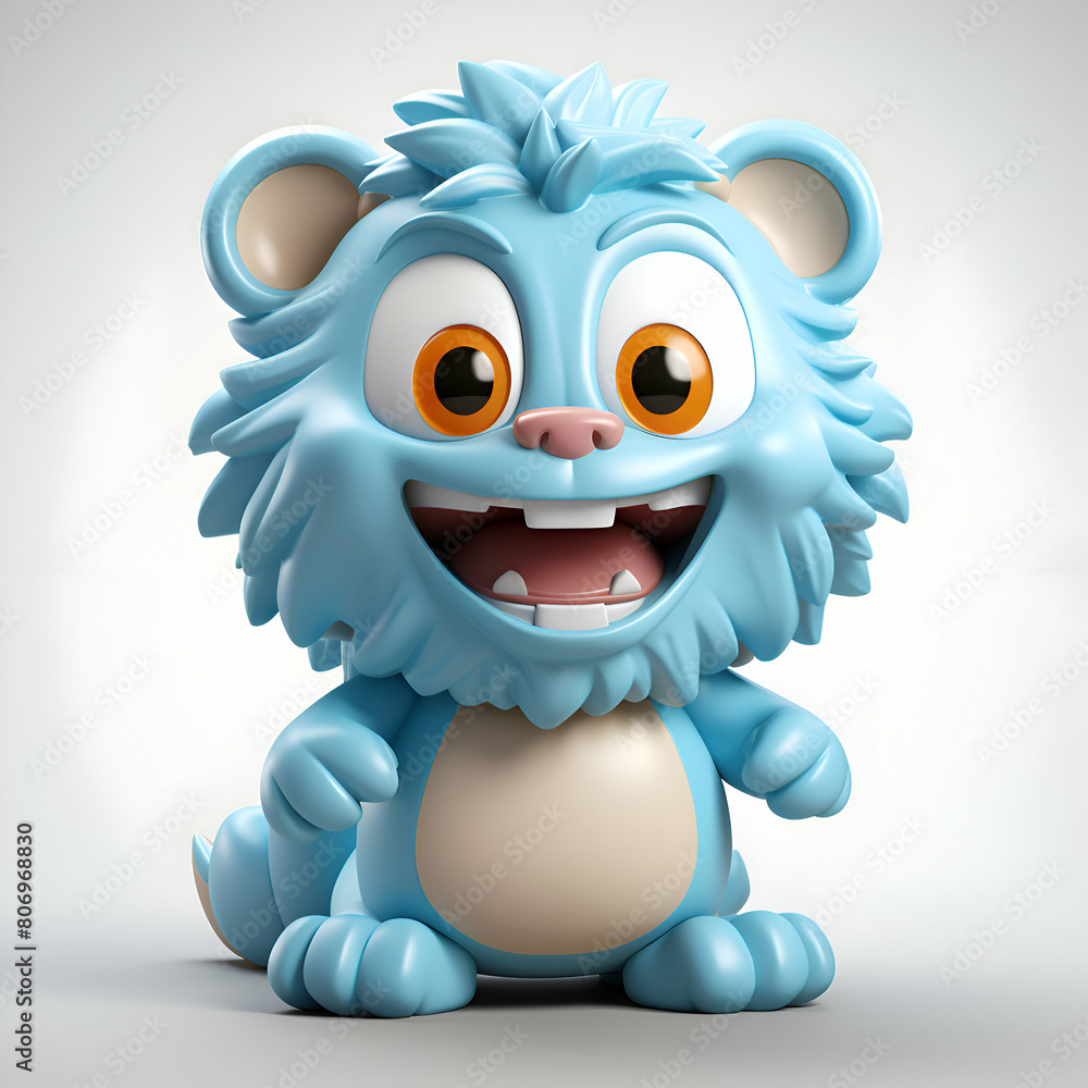 Blue cartoon lion with big eyes on white background. 3D rendering.