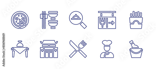 Restaurant line icon set. Editable stroke. Vector illustration. Containing restaurant, dining table, chef, pizza, asian restaurant, french fries, champagne, search.