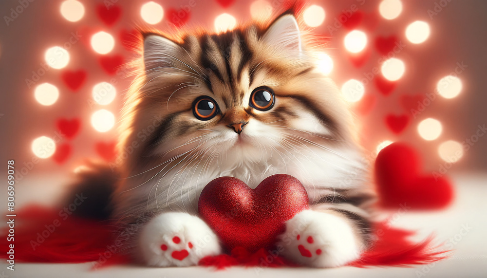 A cute fluffy kitten with striking fur patterns, lying down and holding a red heart-shaped object with its paws