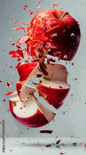 Surreal poster of an apple exploding into neatly cut pieces, each segment suspended in an empty void, focusing on the fruit s vibrant red color photo