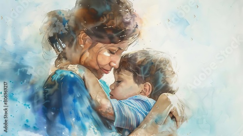 tender moment of mother embracing son with love and affection heartwarming watercolor painting photo