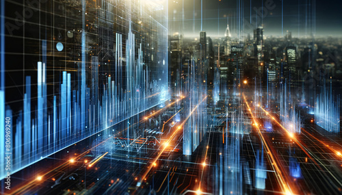 A dynamic and futuristic view of a high-tech data visualization interface  features intricate lines and graphs resembling stock market data