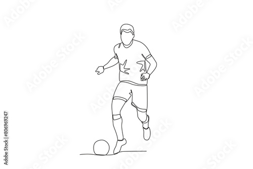 One continuous line drawing of young Football player is carrying the ball. Football freestyle sport concept. Single line draw design vector illustration 