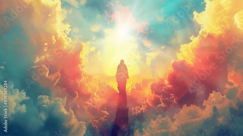 the ascension of jesus christ rising to heaven in glorious light christian digital painting photo