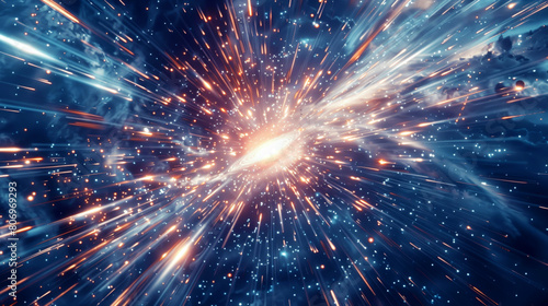 Dramatic space scene featuring a spiral galaxy at the center surrounded by a burst of light and particles.