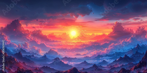 sunrise in the mountains，Mystical Sunrise in the Mountains - Enchanting 4K HD Digital Art Wallpaper