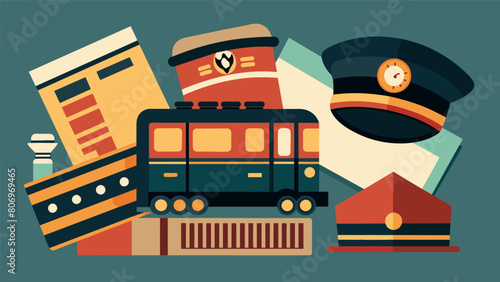 Old train tickets conductor hats and vintage train schedules harken back to the era of locomotives and the towns important railway history.. Vector illustration