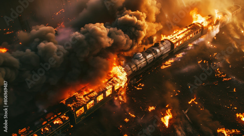 Dramatic image of a vintage train derailed and engulfed in flames and smoke during the night. photo