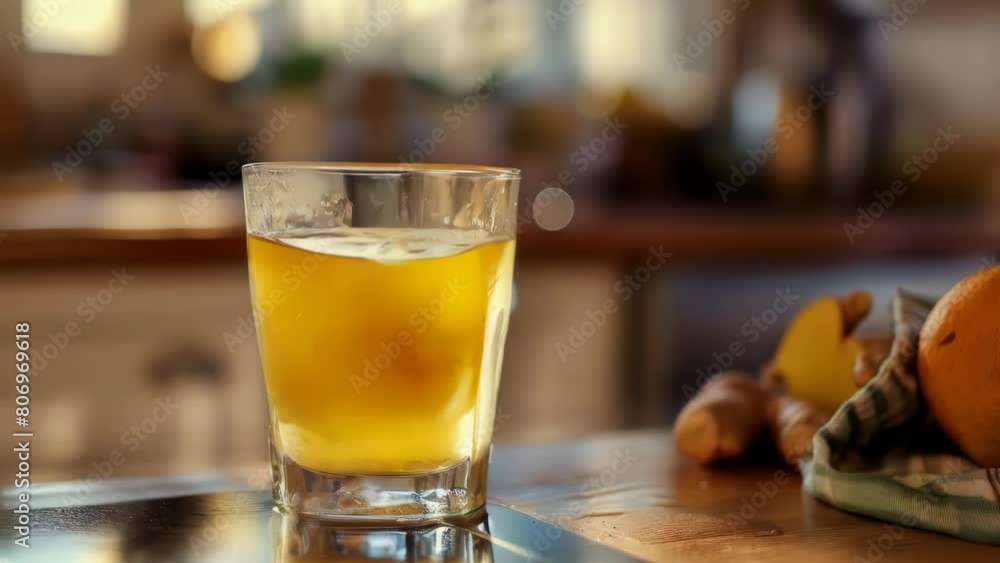 A glass of lemonade sits on a table with a slice of lemon in it. The table is surrounded by various items, including a bowl, a spoon, and a bottle A glass of lemonade sits on a table with a slice of lemon in it. The table is surrounded by various items, including a bowl, a spoon, and a bottle