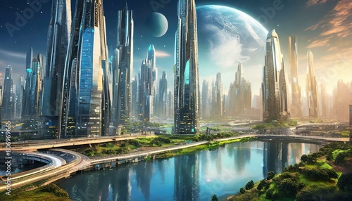 夢の空想の世界の未来都市デザイン