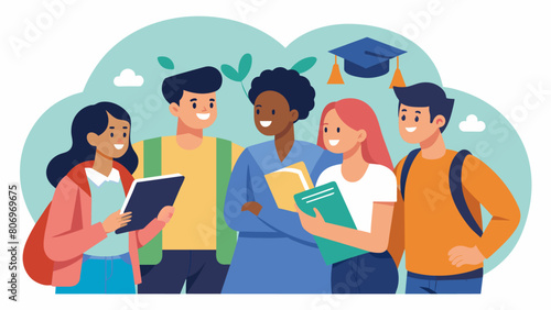 A group of students huddled together in a corner discussing the merits of various student loans.. Vector illustration photo