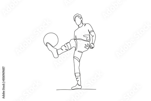 One continuous line drawing of young Football players are juggling the ball. Football freestyle sport concept. Single line draw design vector illustration 