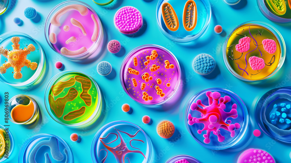 Colorful, vivid illustration of various pathogens and microbes in petri dishes against a blue background. Colorful, vivid illustration of various pathogens and microbes in petri dishes against a blue background.