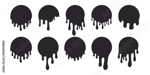 Melt drip circle silhouette paint round splash with drops, liquid shape, stain isolated on white background. Collection of Flowing fluid, slime or cream. photo