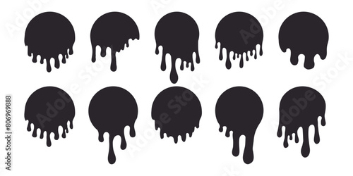 Melt drip circle silhouette paint round splash with drops, liquid shape, stain isolated on white background. Collection of Flowing fluid, slime or cream.