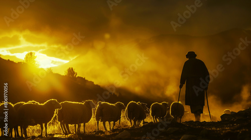 Silhouette of a shepherd and flock of sheep at sunset, with golden light and mountainous backdrop. photo