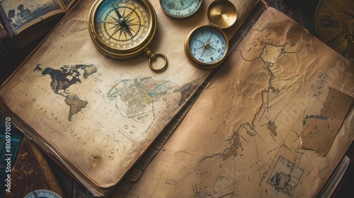 A wooden table displays an open book with a map, compass, and intricate circle pattern on the cover. The font, painting, and metal artifact add to the art facade AIG50