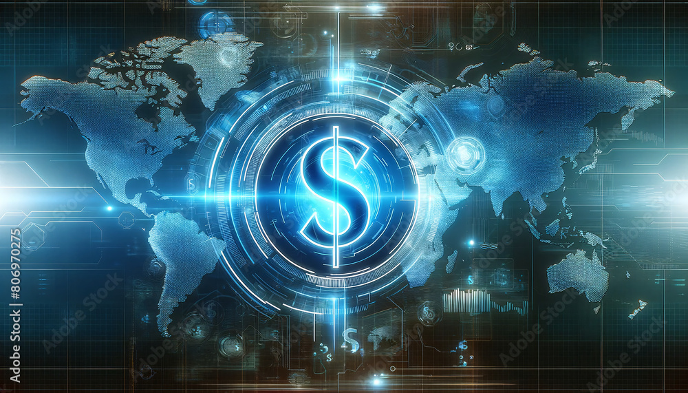 Obraz premium A futuristic digital world map displaying global financial data, highlighted with a holographic display