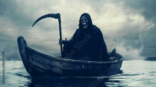 Grim reaper with a glowing skull, wearing a black robe, rowing a wooden boat in a misty and eerie sea. photo