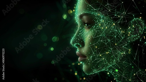 Poster of Digital woman head with neurons glowing, Artificial Intelligence concept. Abstract illustration of a head with glowing and fire shining, machine learning. Mental health care, ezoteric theme