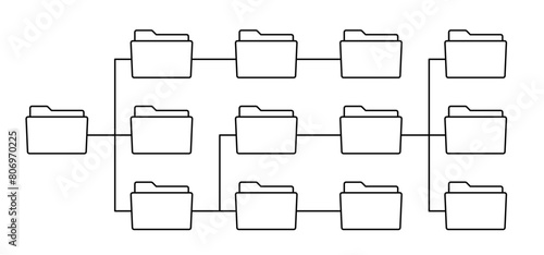 File management concept. Computer files directory, line pattern. Folders organised in a system of storage. Scheme made from empty maps. Folder with network. Computing map. Data storage.