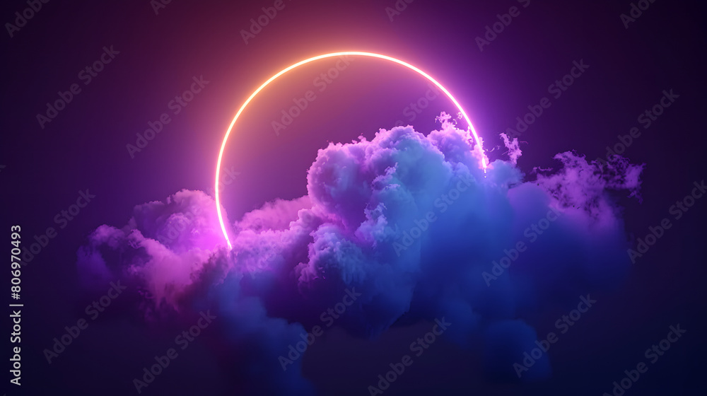 3d render, abstract cloud illuminated with neon light ring on dark night sky. Glowing geometric shape, round frame AI