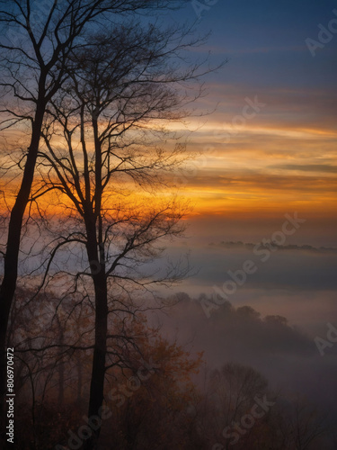 Embrace the beauty of twilight  with sunset streaks cutting through the misty veil of fog  painting the sky with hues of gold and amber.