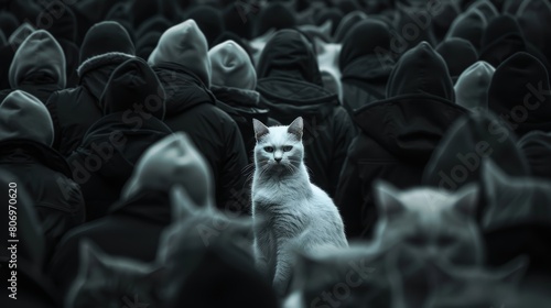 Artistic close-up portrait capturing a lone white cat in a crowd, standing out boldly, illustrating the courage to be different and lead photo