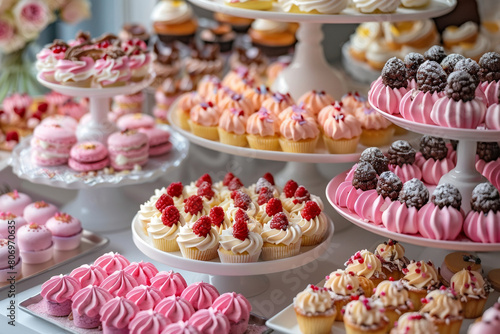 A sweet and festive dessert bar featuring cupcakes, candies, and cakes, perfect for parties and events.