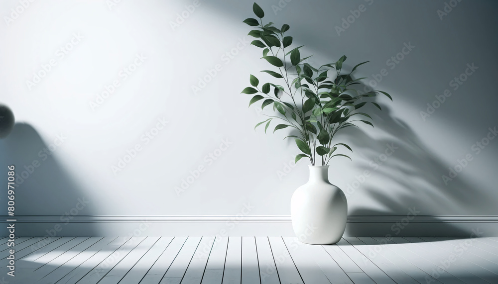 A minimalist interior design of a large white ceramic vase holding a green leafy plant A minimalist interior design of a large white ceramic vase holding a green leafy plant