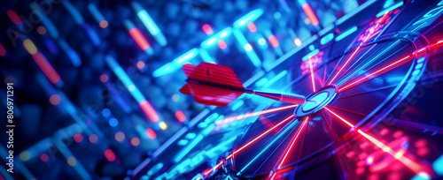 A vivid and neon-lit dartboard with a dart striking the bullseye, portrayed in a futuristic style. photo