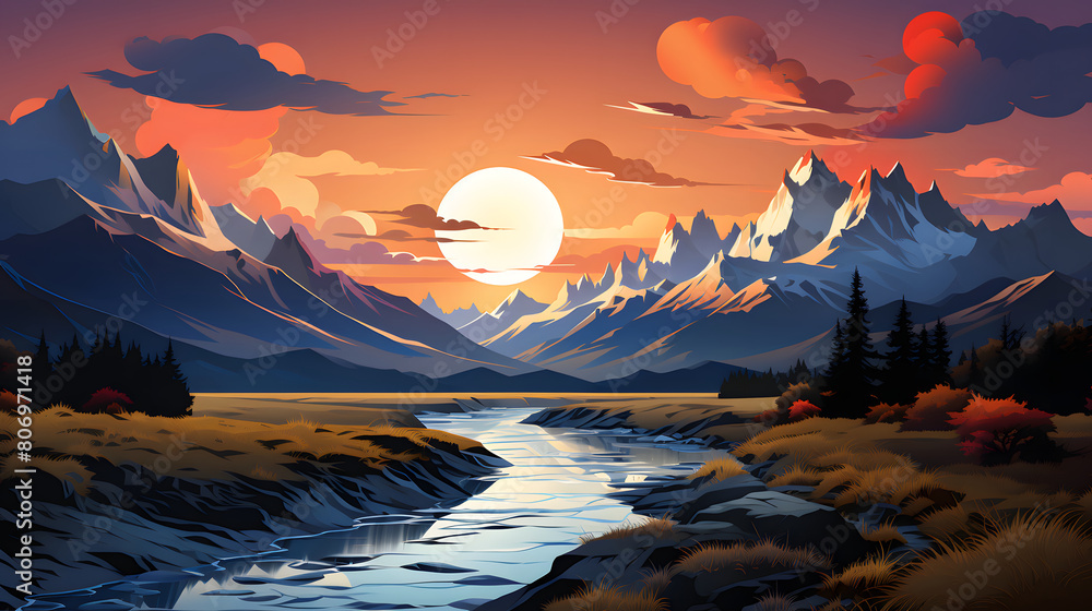 Digital modern abstract sunset flat design illustration graphic poster background