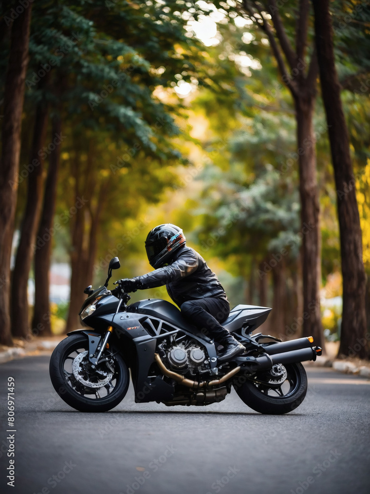 Embrace the spirit of two wheels, with a man geared up in helmet and riding a motorcycle, epitomizing the thrill and adrenaline of motorcycling culture.