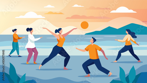 The stillness of the early morning is broken only by the rhythmic swishing of arms and legs as a group practices Tai Chi on the shore their minds and. Vector illustration