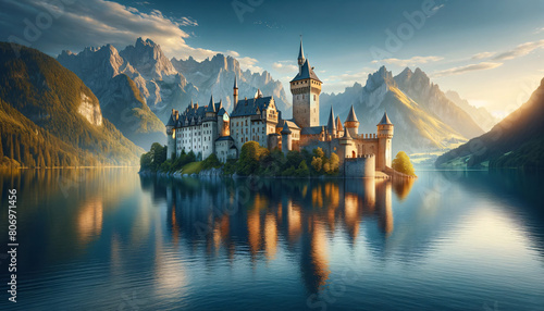A panoramic landscape featuring a historic castle situated on the edge of a serene lake. The castle is built in a medieval style photo
