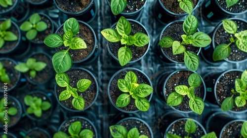 High-angle view of a modern greenhouse planting setup featuring rows of potted plants under a controlled watering system.