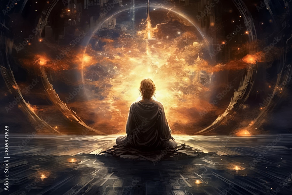 A backside of a person sitting in a dark place with glowing light of magic or summon cycle. Fantasy magical ritual performing. Generative AI. A backside of a person sitting in a dark place with glowing light of magic or summon cycle. Fantasy magical ritual performing. Generative AI.